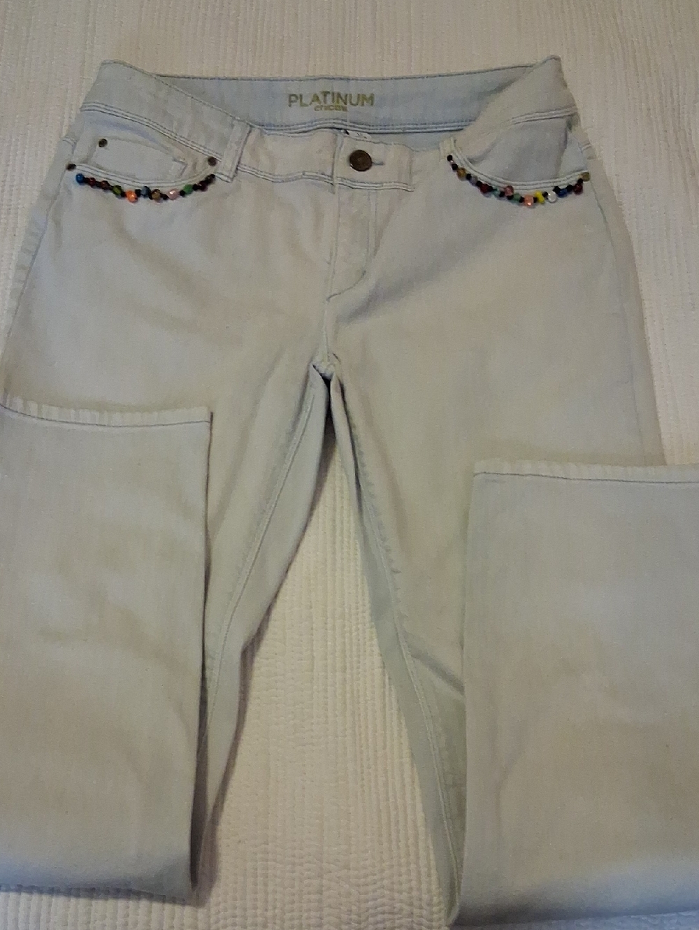 Chico's Light Blue Bootcut Jeans with Multicolor Bead Trim